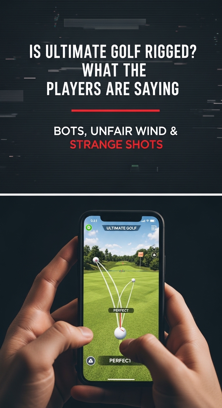 An Illustrated Graphic Showing A Golf Ball On A Tee With The Question Is Ultimate Golf Rigged?