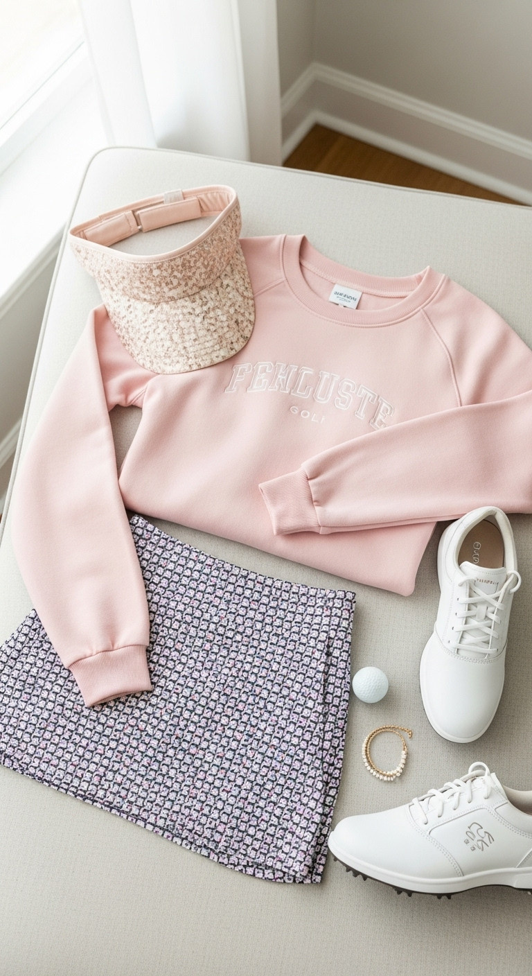 Chic Women'S Golf Outfit Flat Lay With Sweatshirt Skirt Spikeless Shoes Visor Golf Ball And Bracelet In Soft Colors
