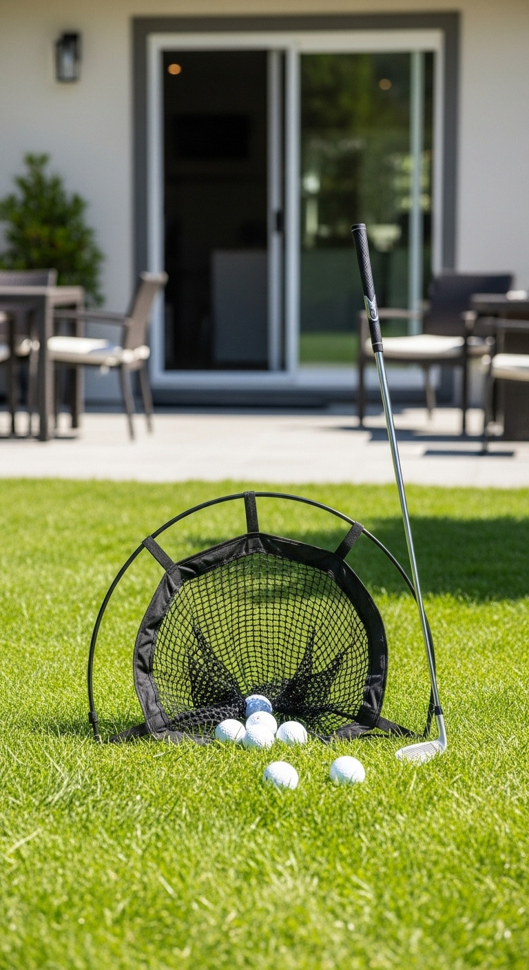 Collapsible Backyard Golf Chipping Net Set Up On A Lush Green Lawn With Practice Balls And A Wedge