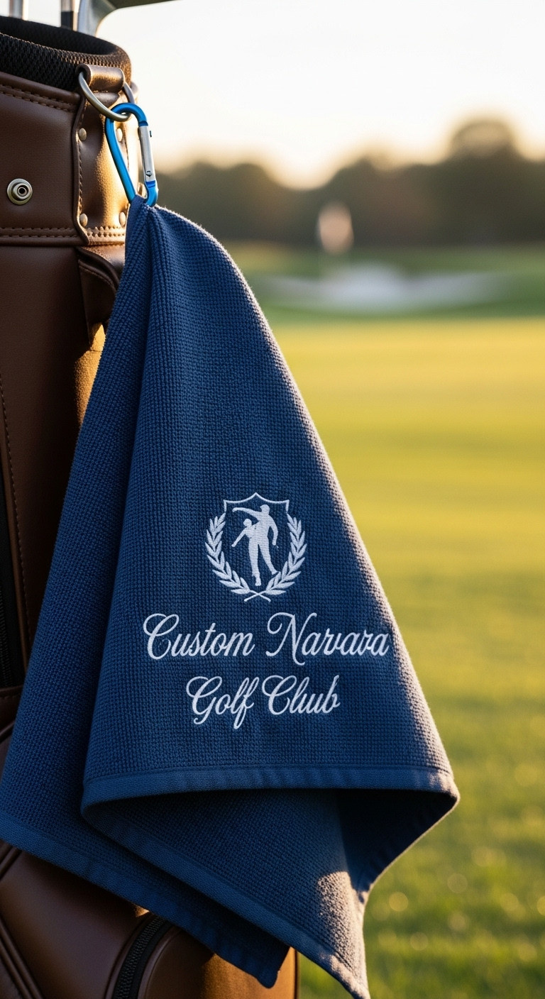 Custom Embroidered Golf Towel Hanging From A Premium Leather Golf Bag On A Sun-Drenched Golf Course Fairway