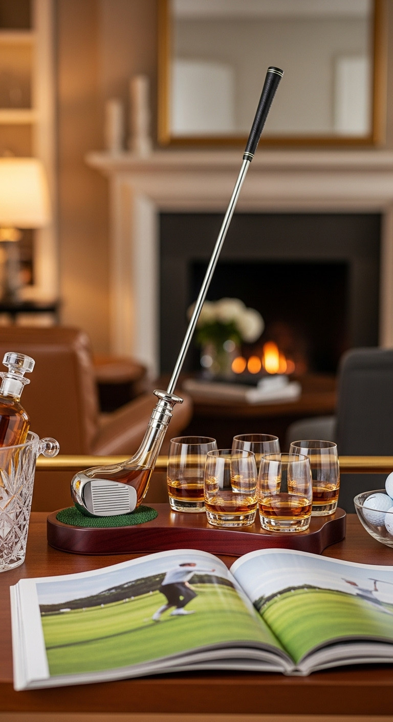 Elegant Golf Themed Whiskey Decanter Set On A Home Bar Cart With Crystal Ice Bucket Golf Balls And Magazine