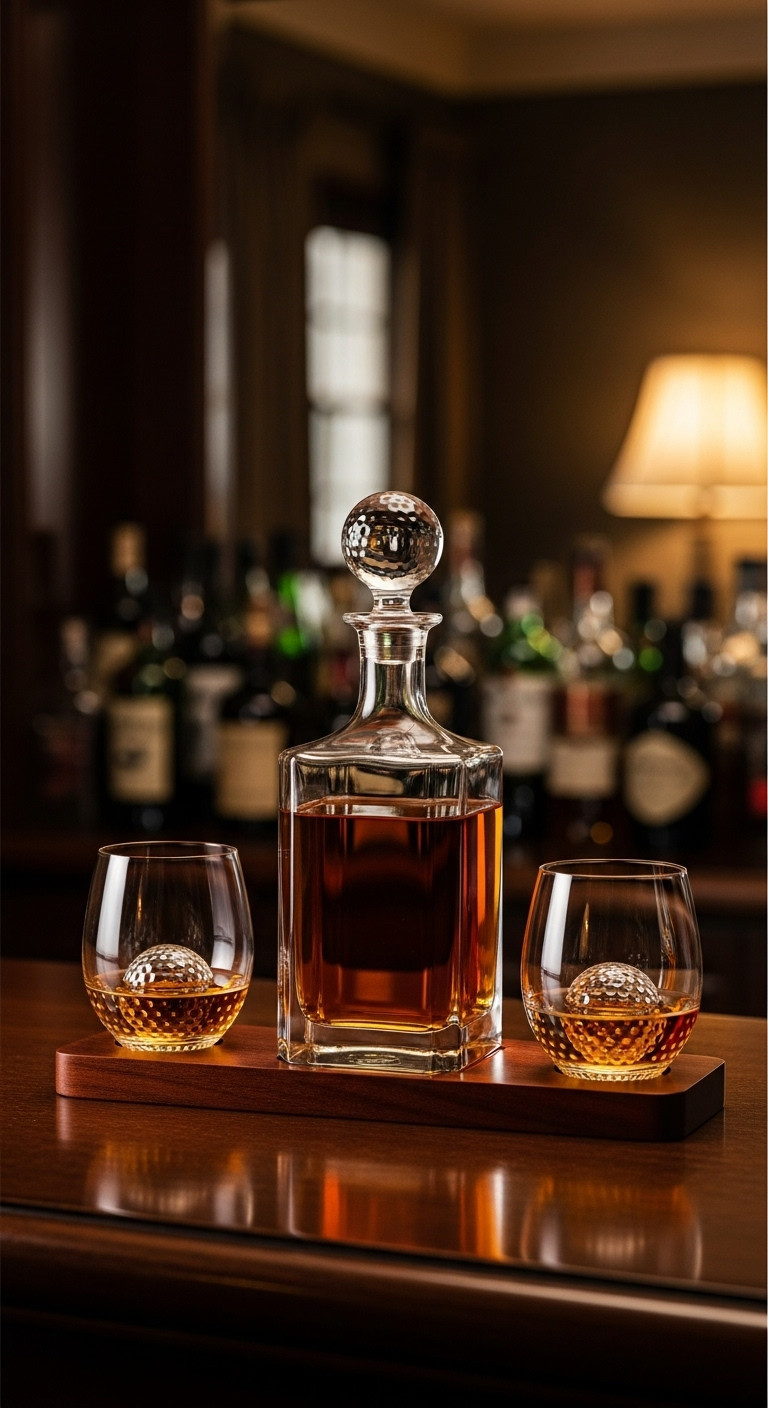 Elegant Golf Themed Whiskey Decanter Set With A Golf Ball Stopper On A Mahogany Bar With Two Matching Glasses