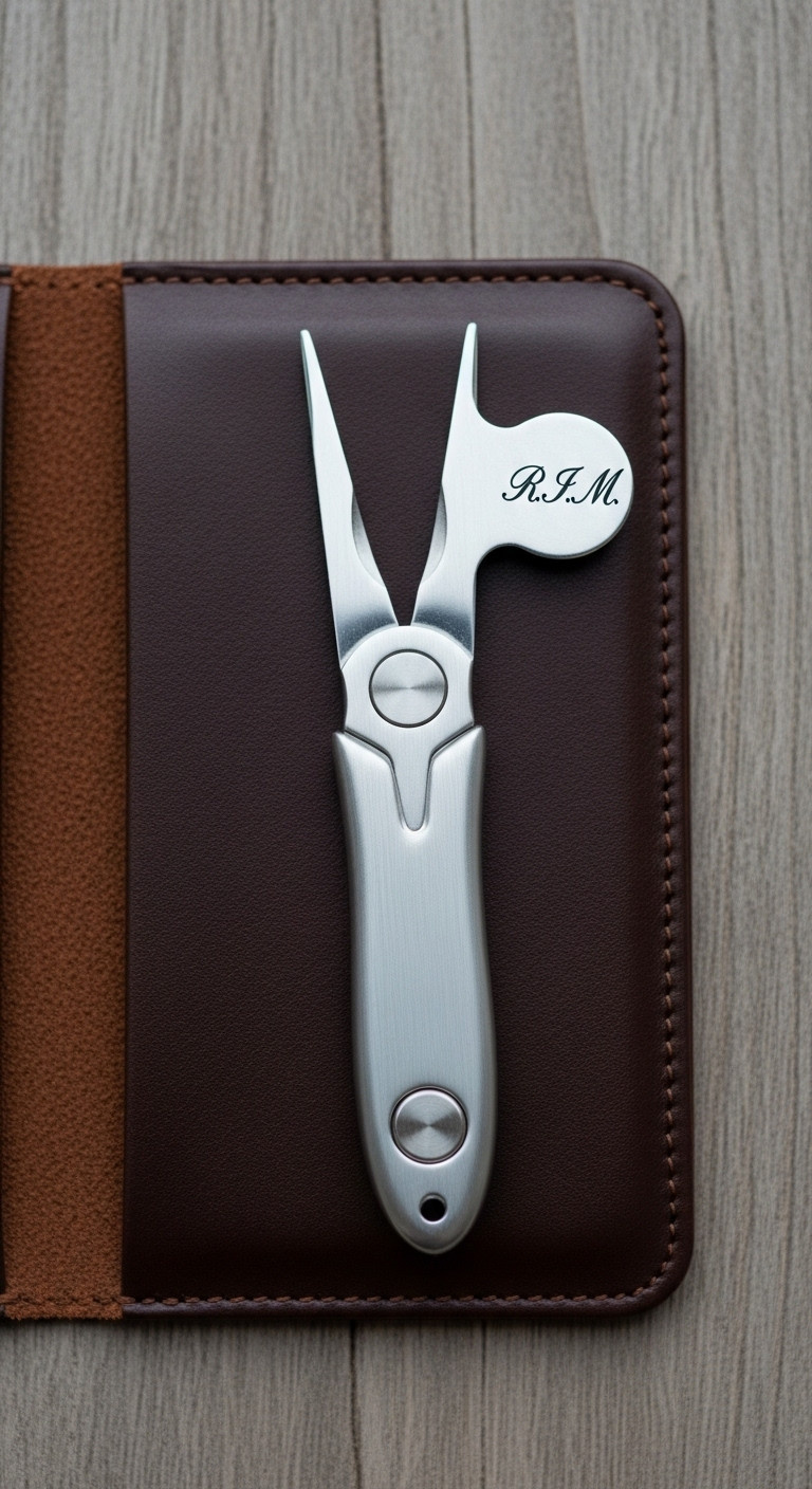 Engraved Multi Function Divot Tool With Personalized Ball Marker On A Leather Scorecard Holder Flat Lay