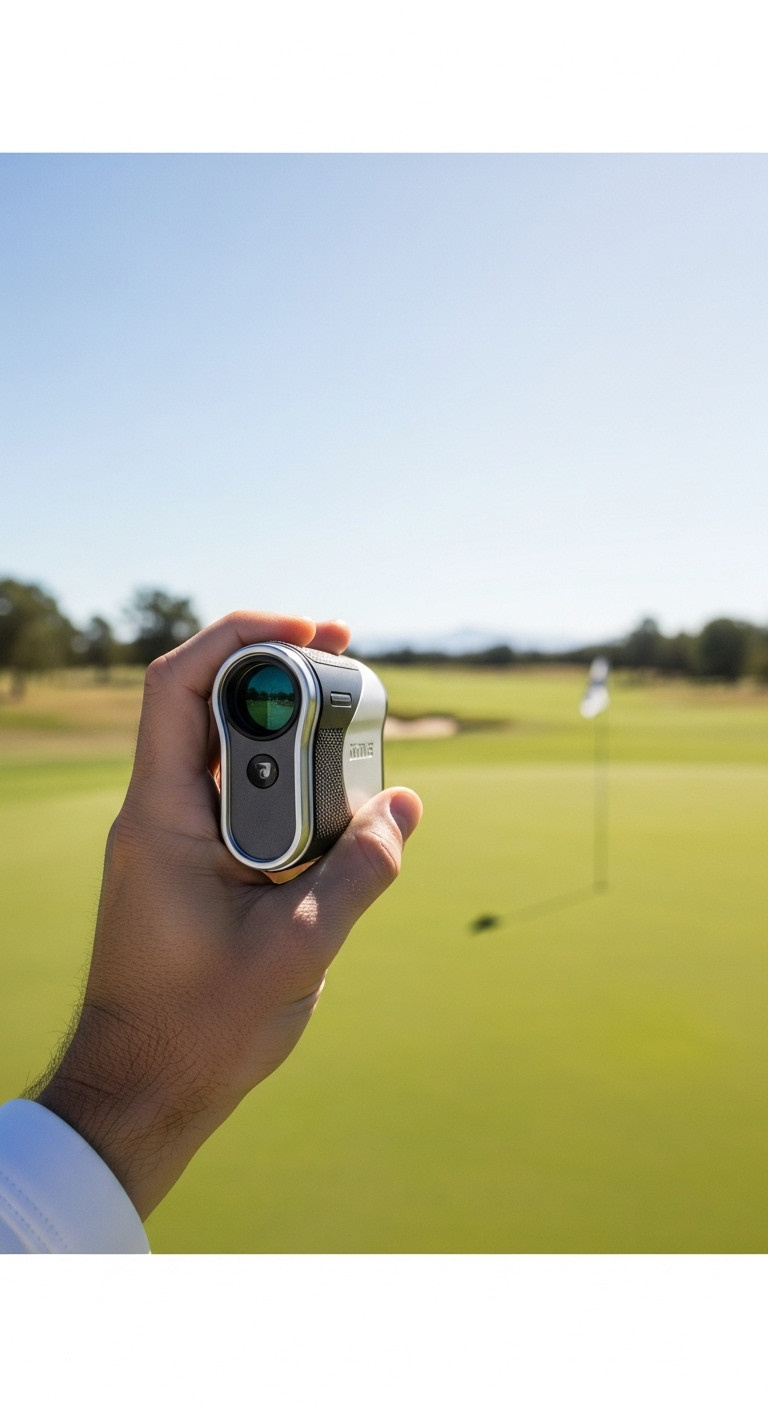 Golfer Holding A Sleek Golf Rangefinder Looking Towards A Distant Flag On A Lush Course Under Bright Midday Sun