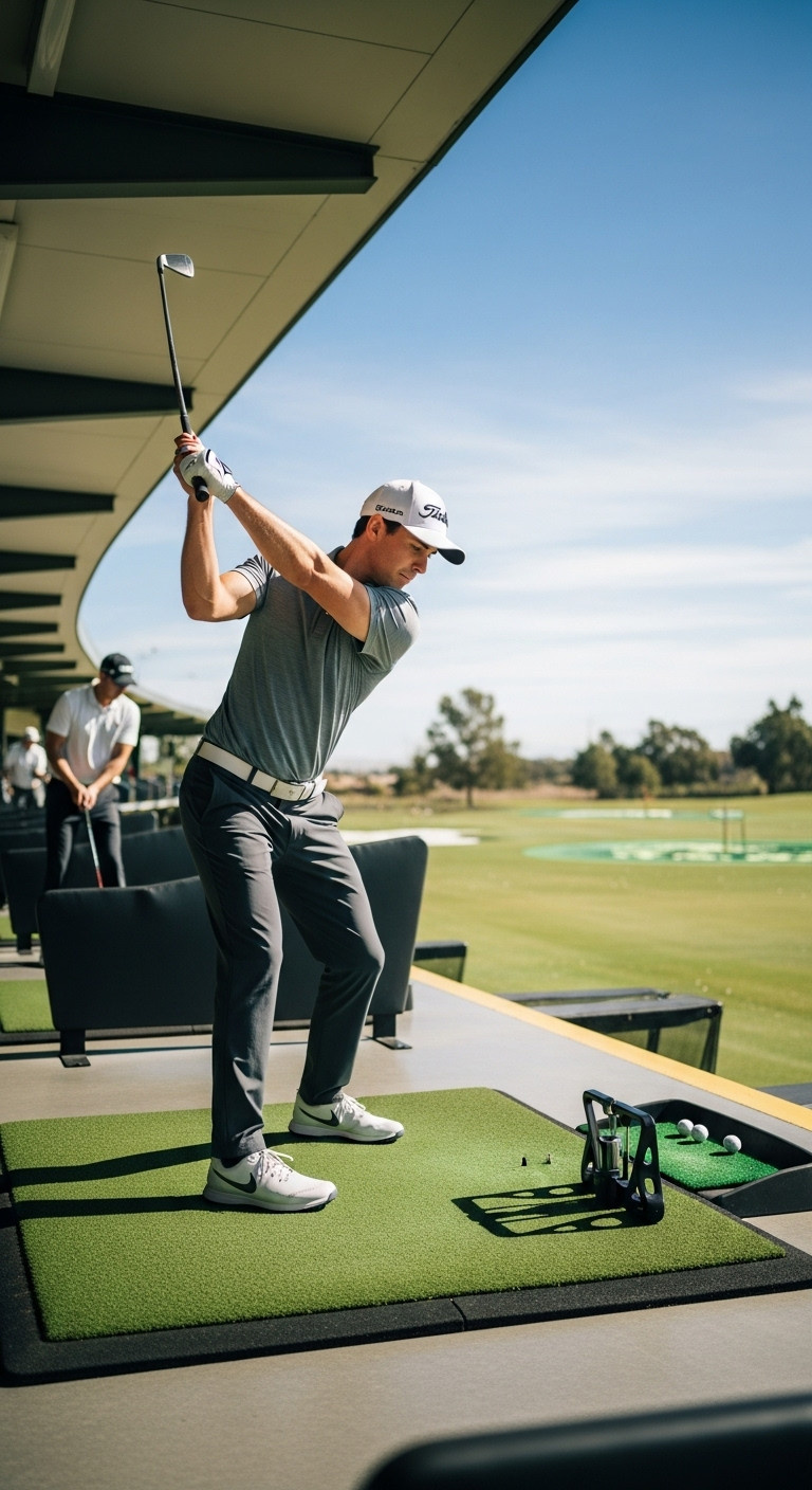 Golfer In Mid Swing Using An Advanced Swing Training Aid At A Driving Range Under Clear Daylight