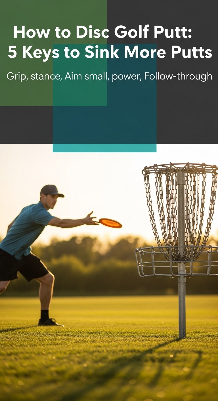 A Person Demonstrating The Proper Form For How To Disc Golf Putt, With The Disc Golf Basket In The Background.