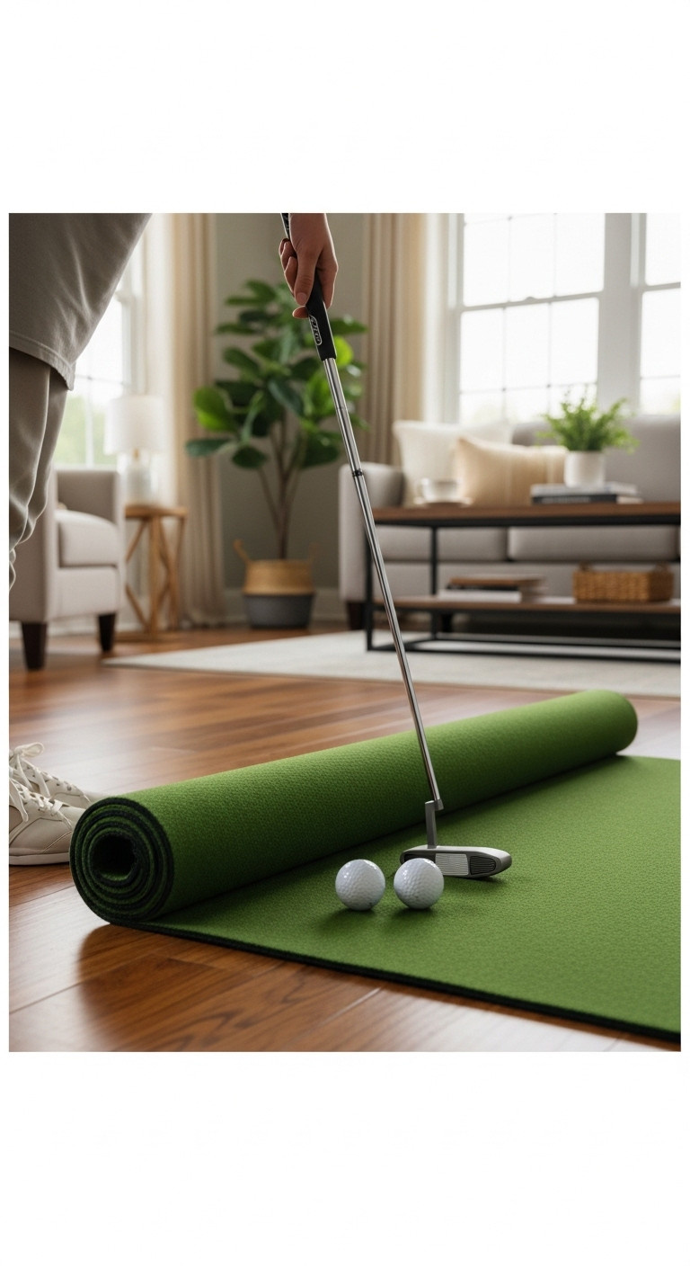Indoor Golf Putting Green With Putter And Golf Balls On Hardwood Floor In A Cozy Living Room