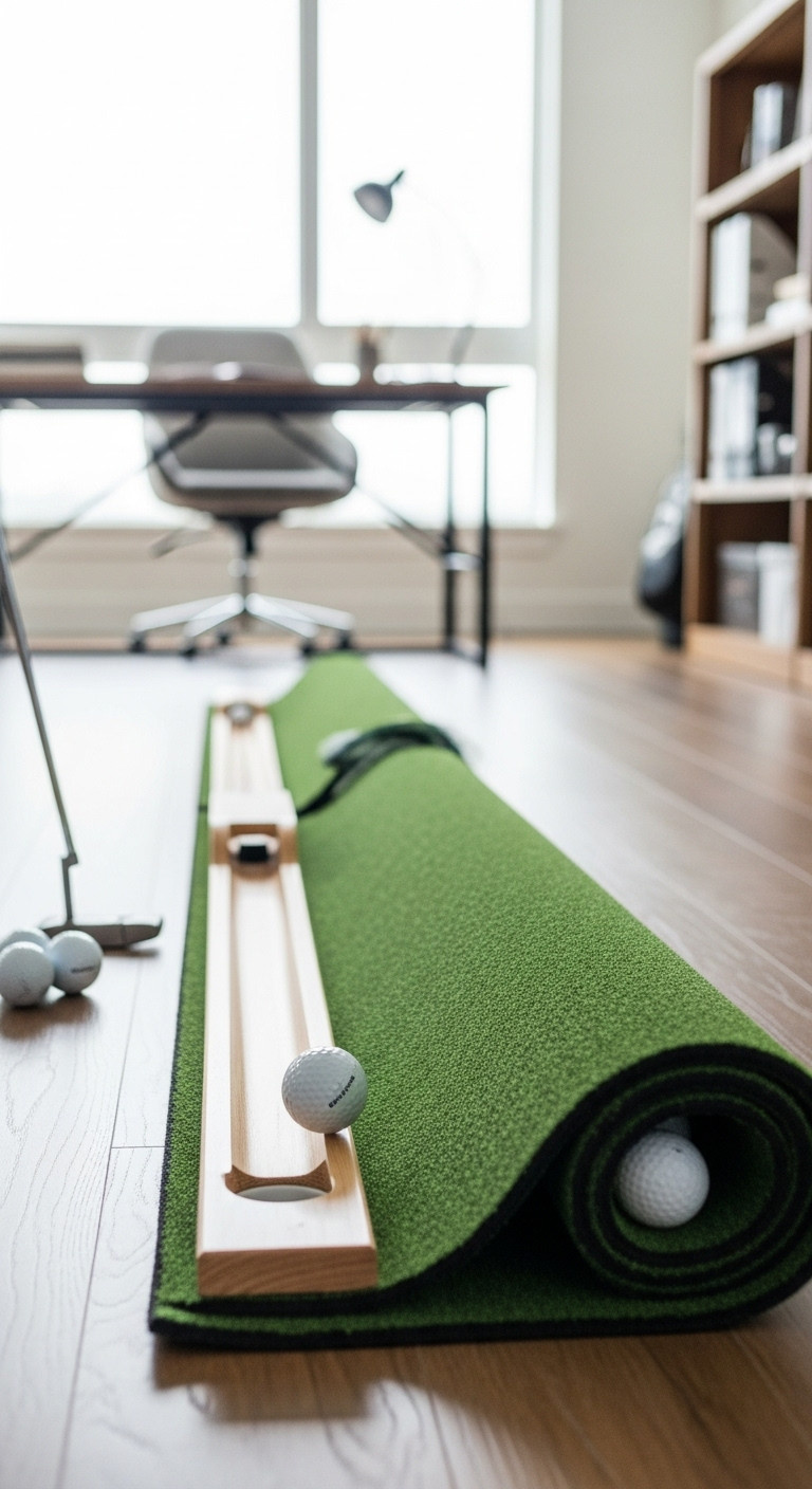 Indoor Putting Green With Automatic Ball Return In A Modern Home Office With A Golf Ball Mid Roll