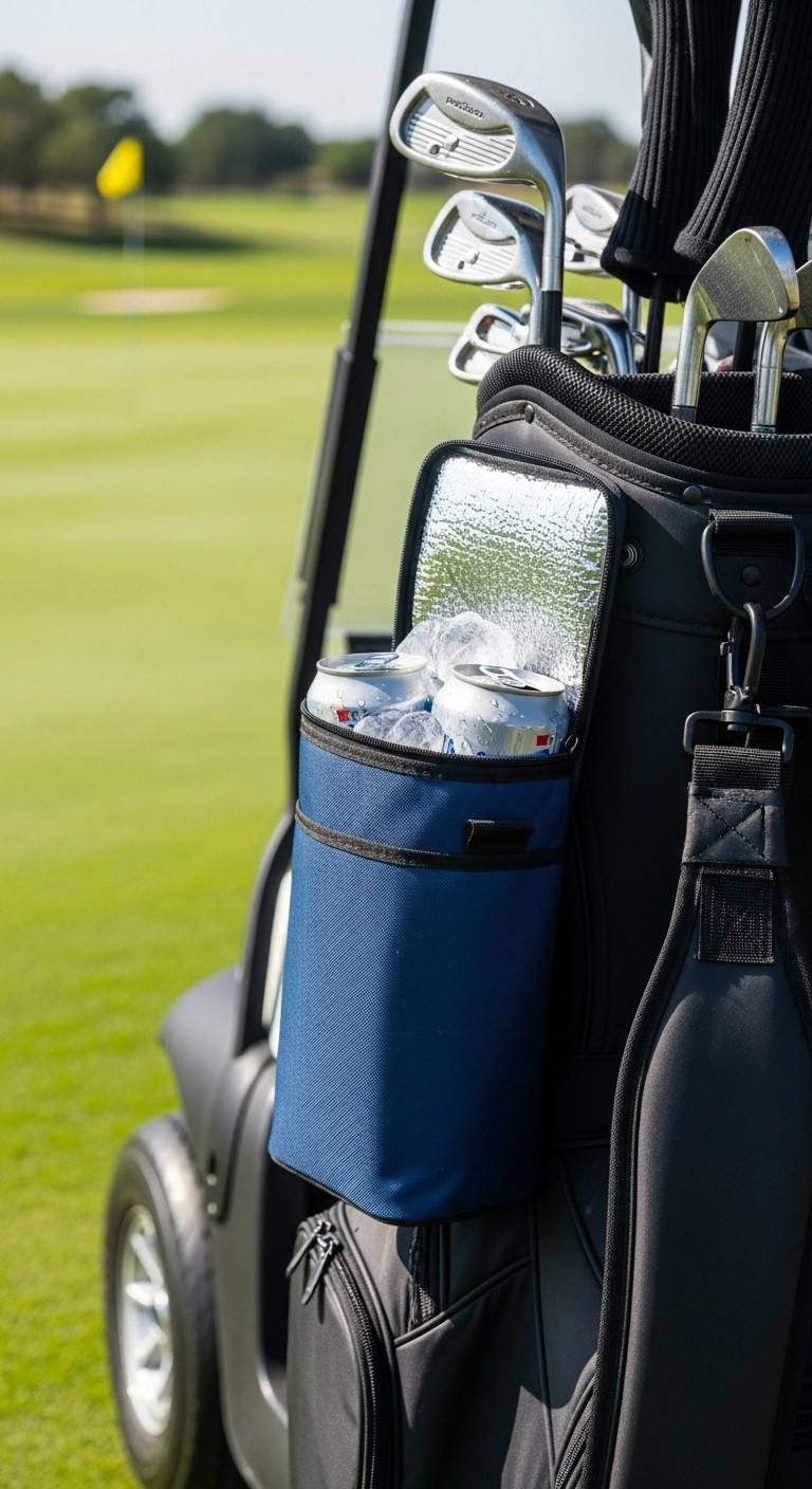 Insulated Golf Bag Cooler Filled With Ice Cold Beverages Being Slid Into A Golf Bag Pocket On A Course