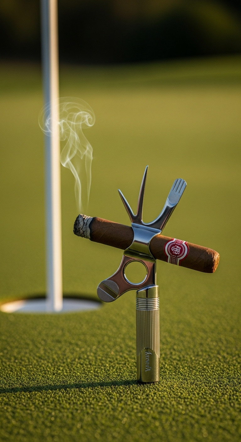 Multi-Tool Divot Tool With A Lit Cigar Resting On A Putting Green Under Golden Hour Light