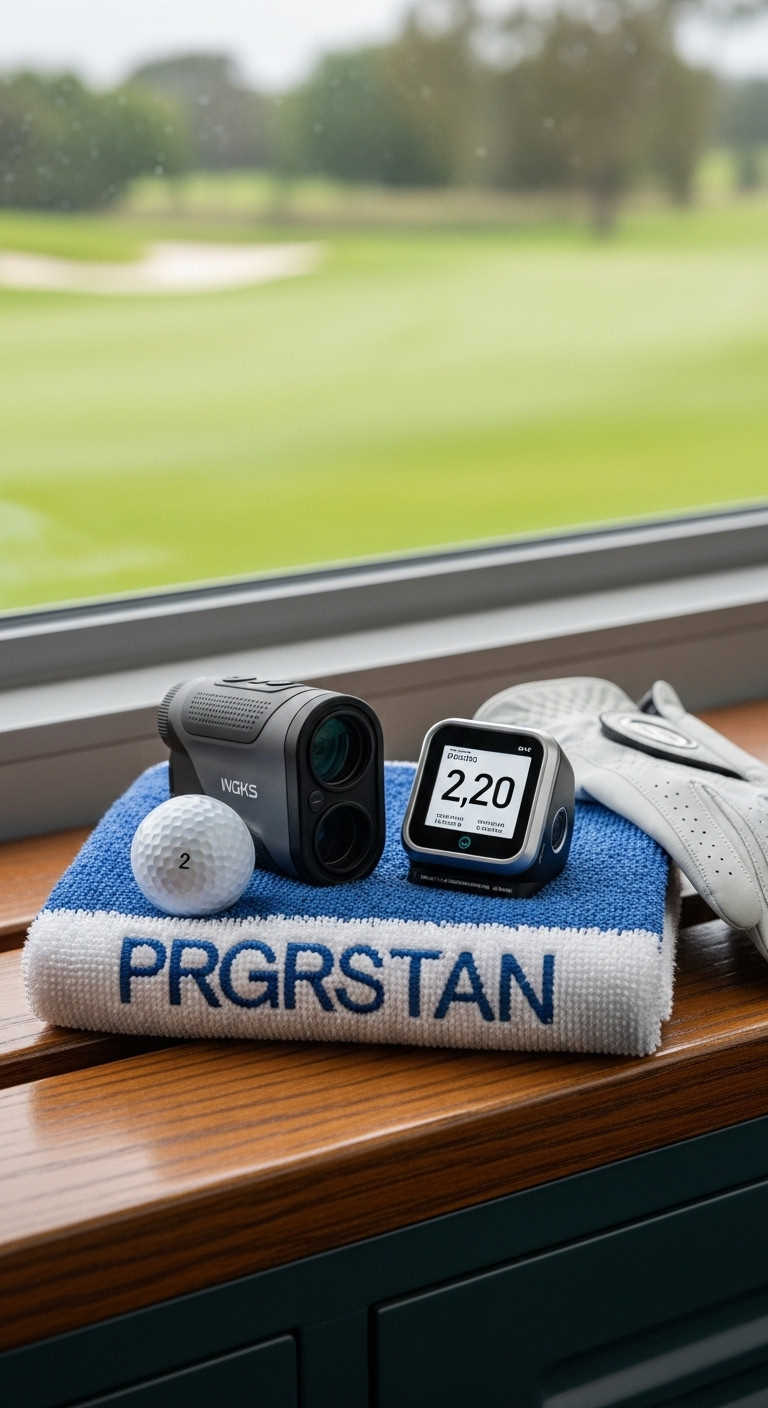Performance Enhancing Golf Equipment For Women Featuring A Rangefinder Launch Monitor Golf Towel And Glove On A Locker Room Bench