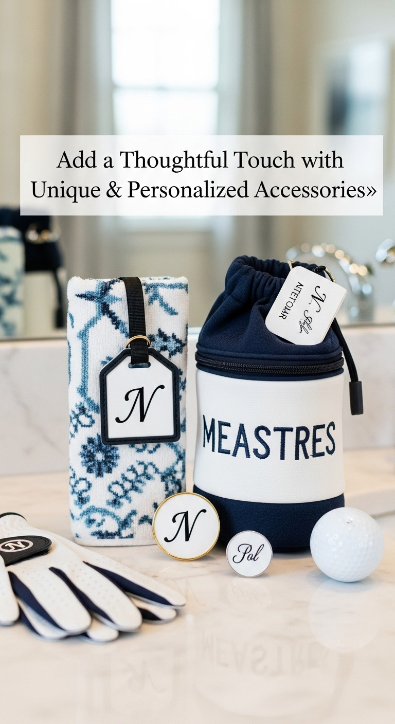 Personalized Golf Accessories For Women Including Magnetic Towel Bag Tag Custom Ball Marker Embroidered Shoe Bag And Gloves On Marble