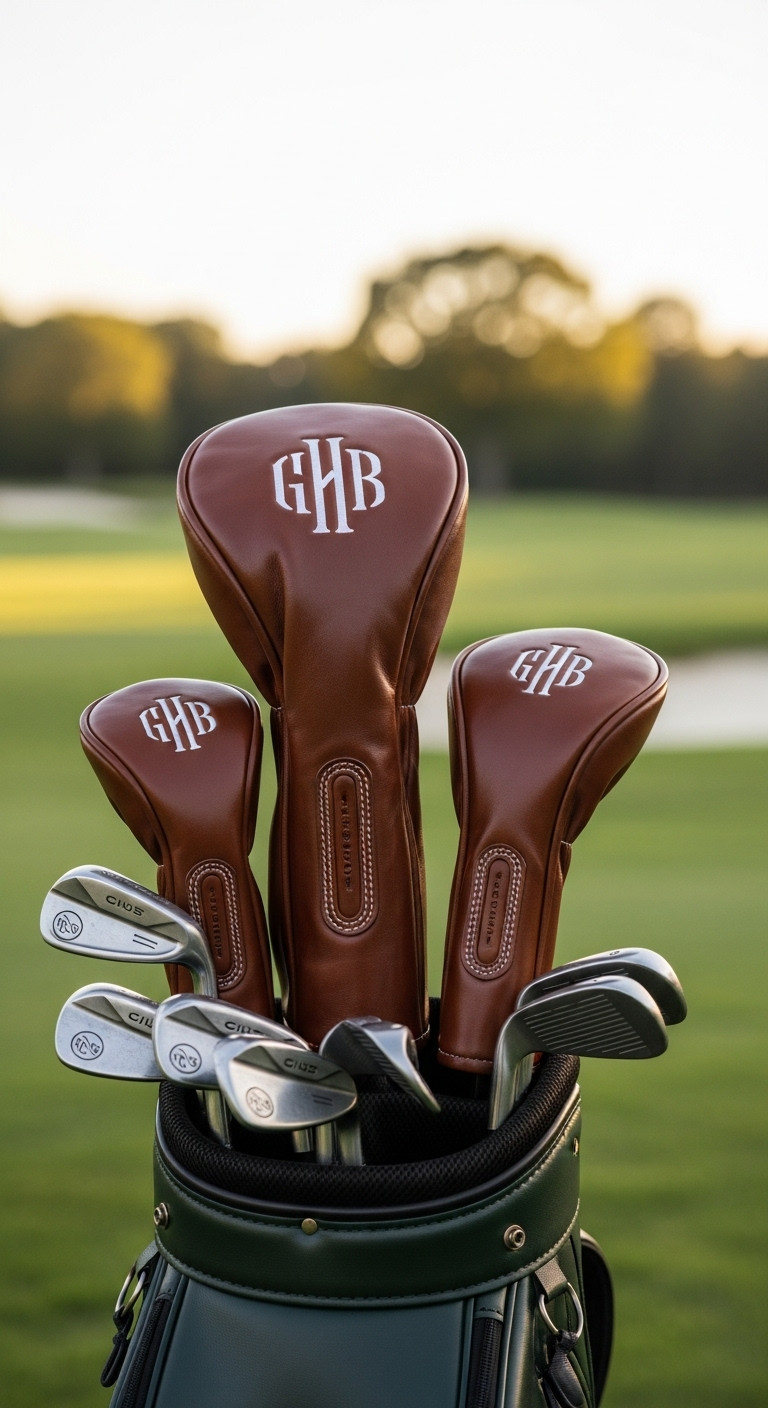 Personalized Leather Golf Head Covers With Embossed Initials In A Golf Bag At A Country Club Setting