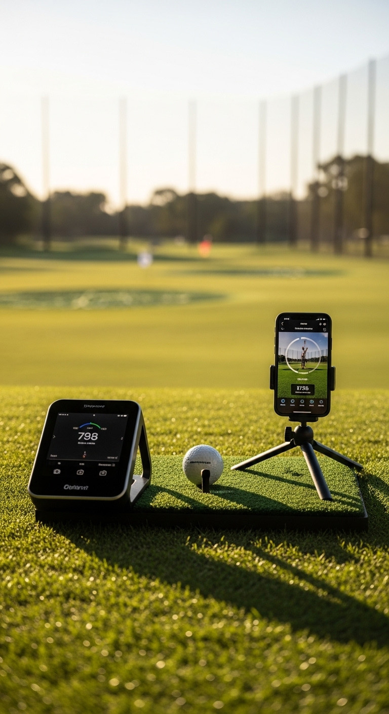 Portable Golf Launch Monitor With A Smartphone Displaying Swing Data At An Outdoor Driving Range Under Golden Hour Light