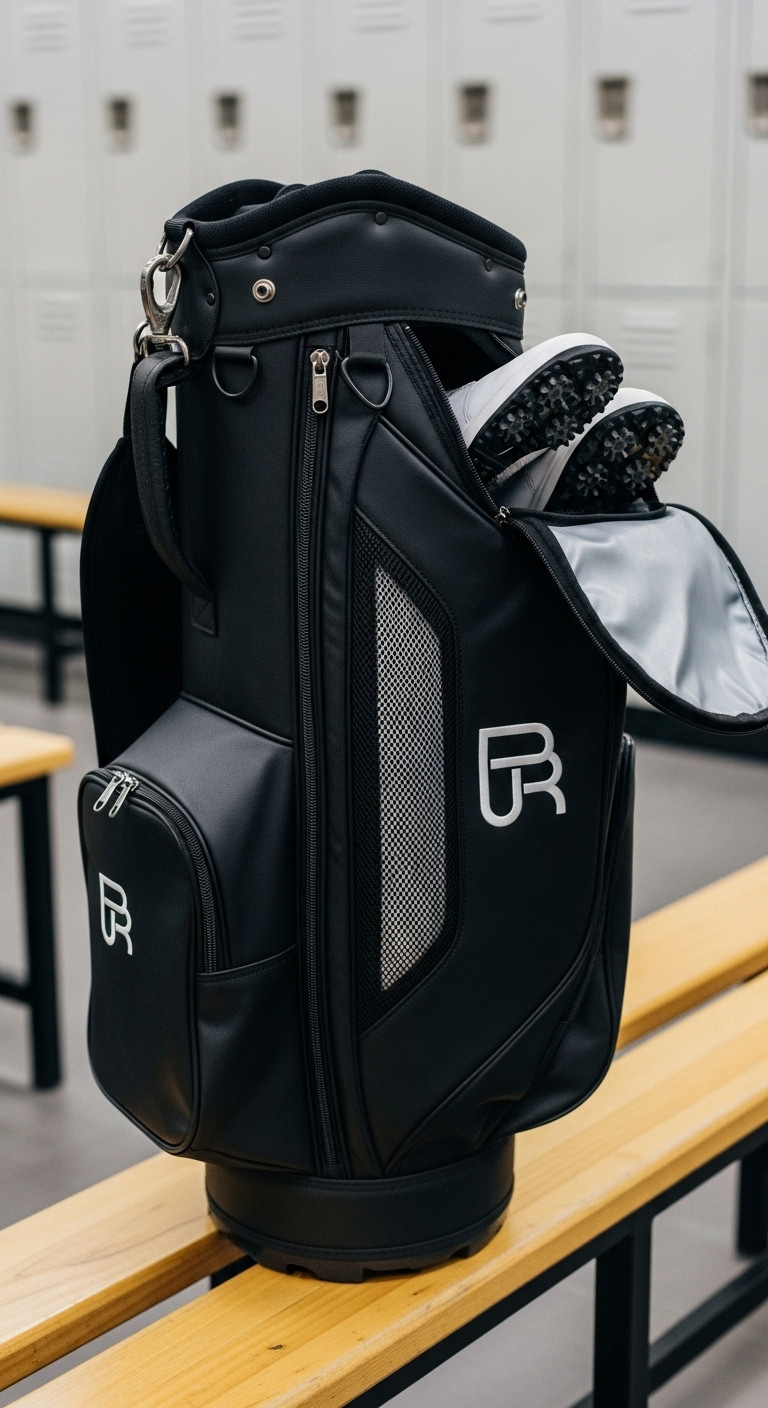 Ventilated Golf Shoe Bag With Golf Shoes Inside Sitting On A Locker Room Bench