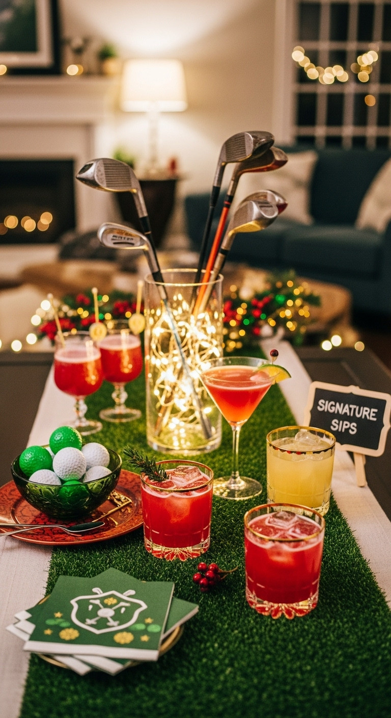 9 Fun Golf Themed Christmas Party Ideas For Adults 19Th Hole Holiday Cocktail Lounge Golf Themed Christmas Party Bar Decor Festive Drinks Adult Party Elegant Home Bar
