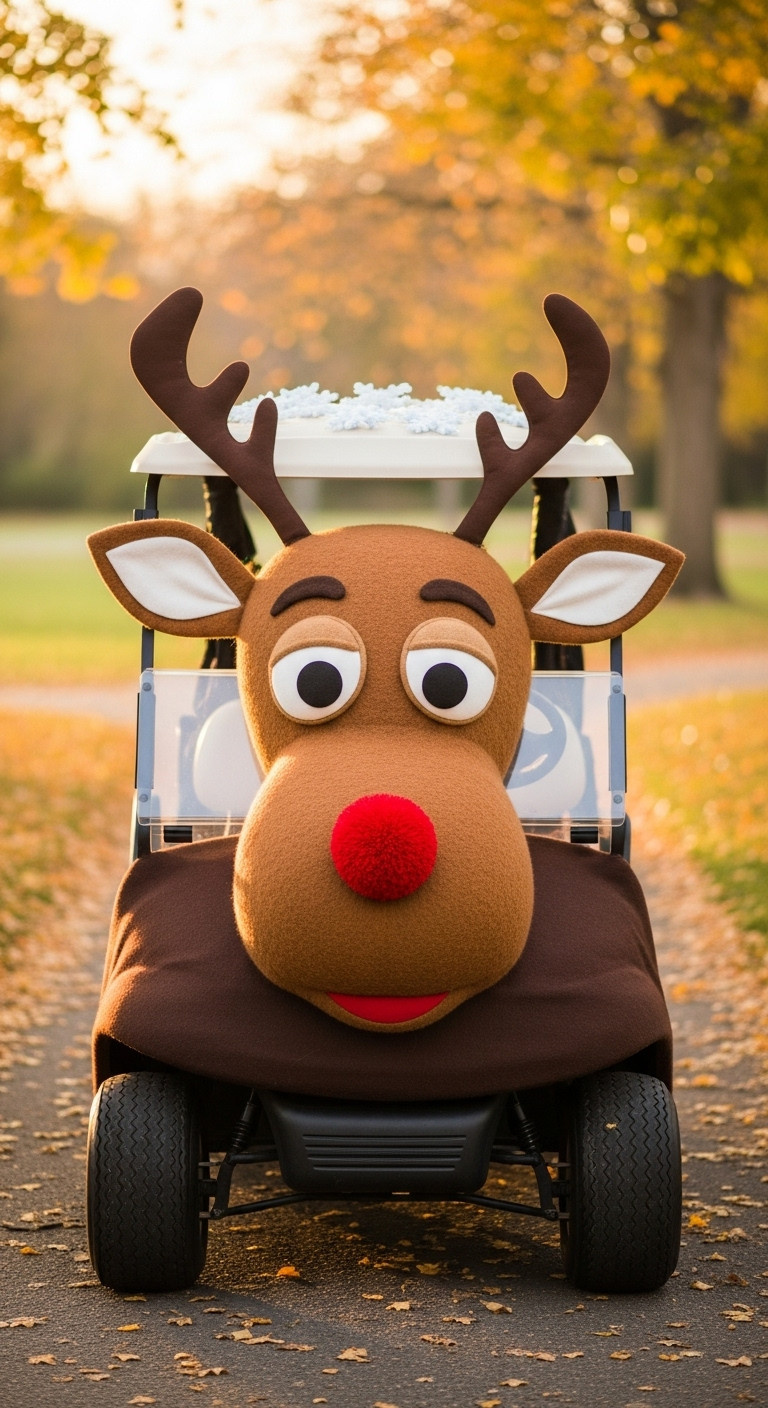 3D Reindeer Rampage Ugly Christmas Sweater Golf Cart Decor Giant Reindeer Head Antlers Googly Eyes Pom Pom Nose Festive Fun