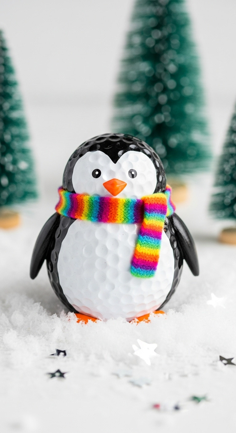 Adorable Felt Scarf Penguin Pal Golf Ball Craft Sitting In Fake Snow With Miniature Trees And Star Sequins