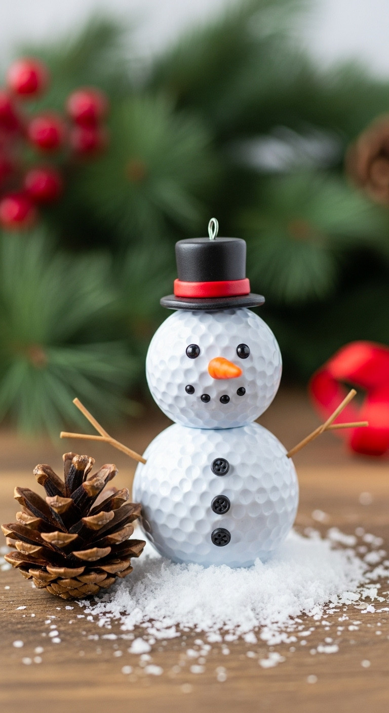 Adorable Golf Ball Snowman Ornament With Top Hat And Clay Nose Sitting On Fake Snow With A Pinecone