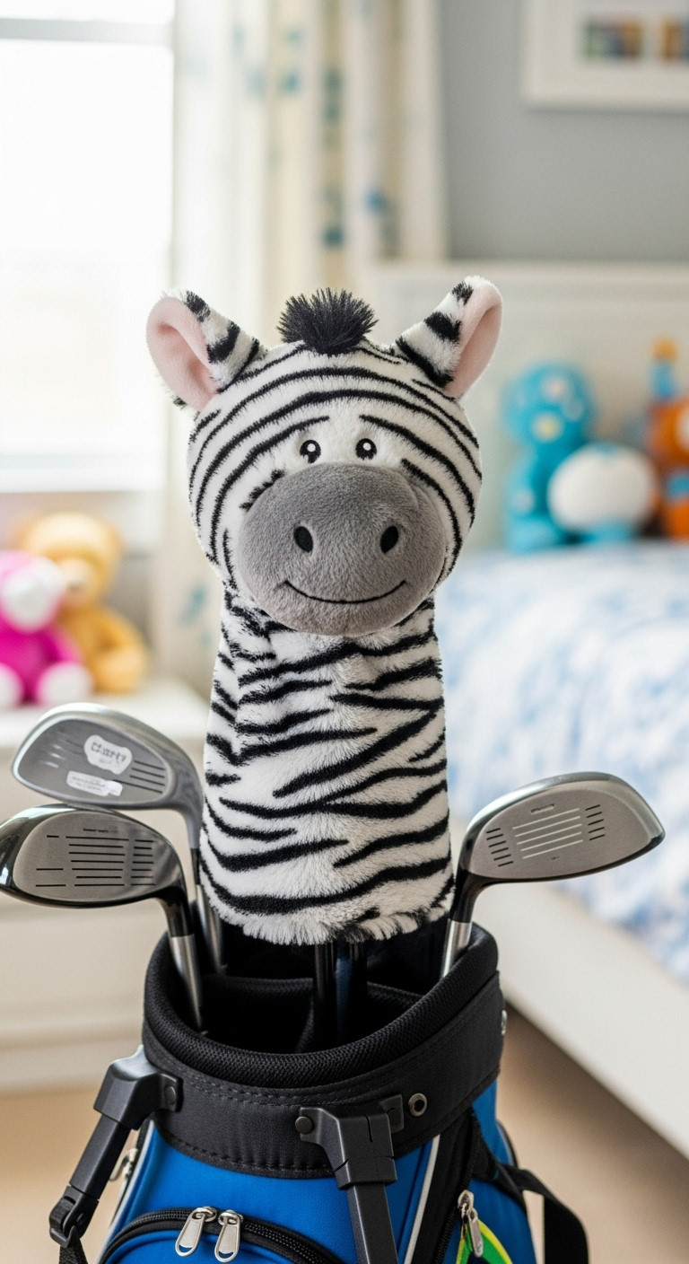 Adorable Plush Zebra Golf Headcover Fitted Snugly Over A Junior-Sized Driver In A Child'S Bedroom