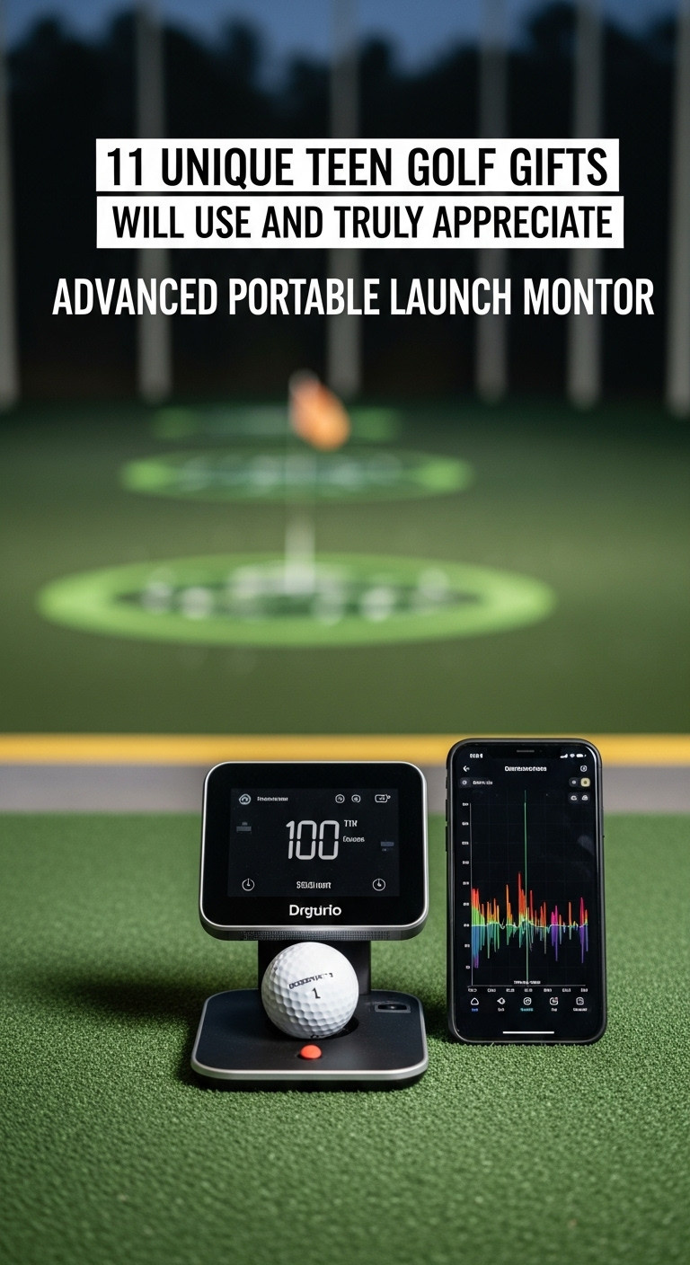 Advanced Portable Golf Launch Monitor With A Smartphone Displaying Swing Data On A Driving Range Mat With A Golf Ball And Tee