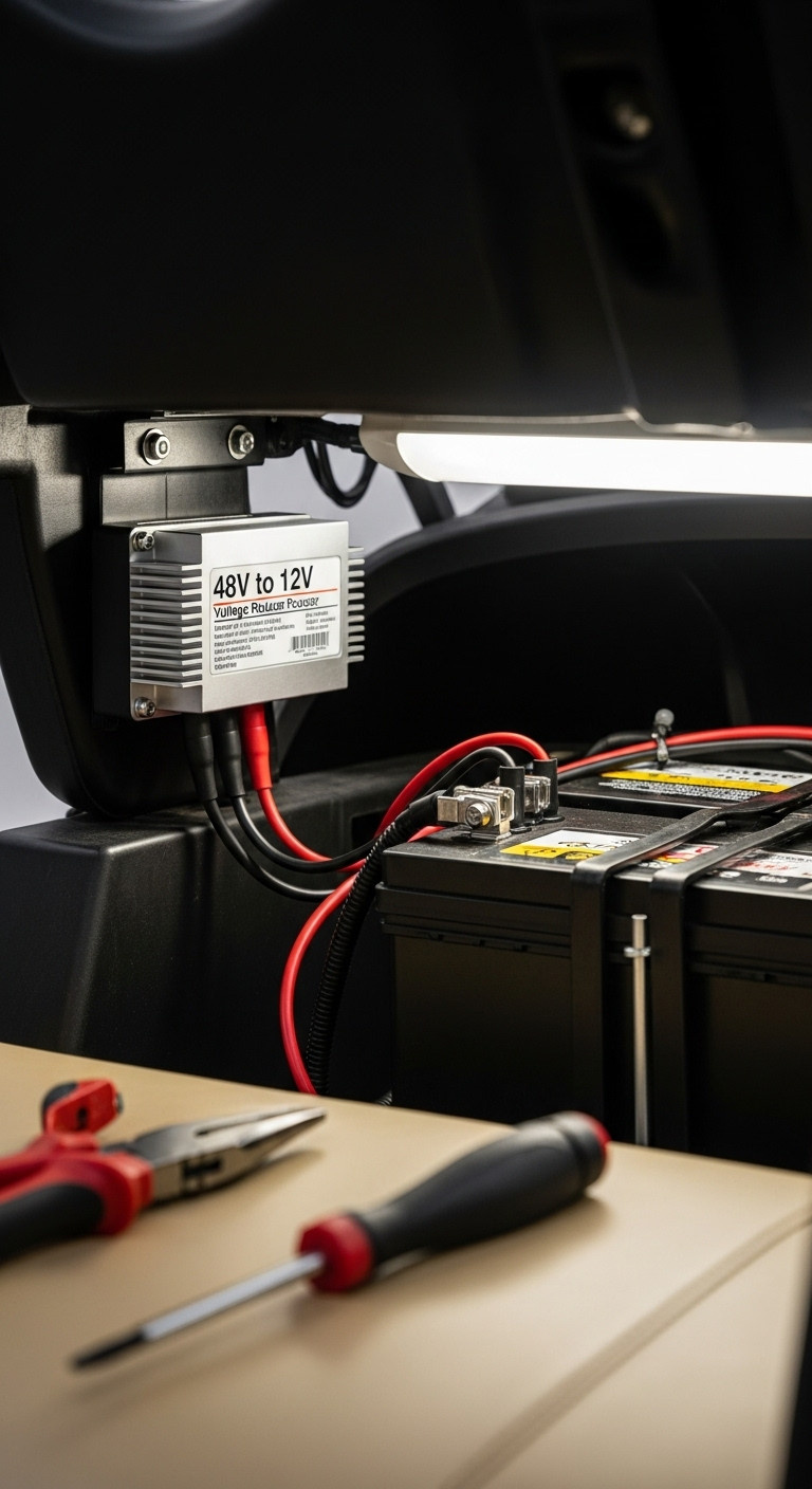 Advanced Power Source 48V To 12V Voltage Reducer Converter Neatly Installed Under Golf Cart Seat With Clean Wiring And Tools