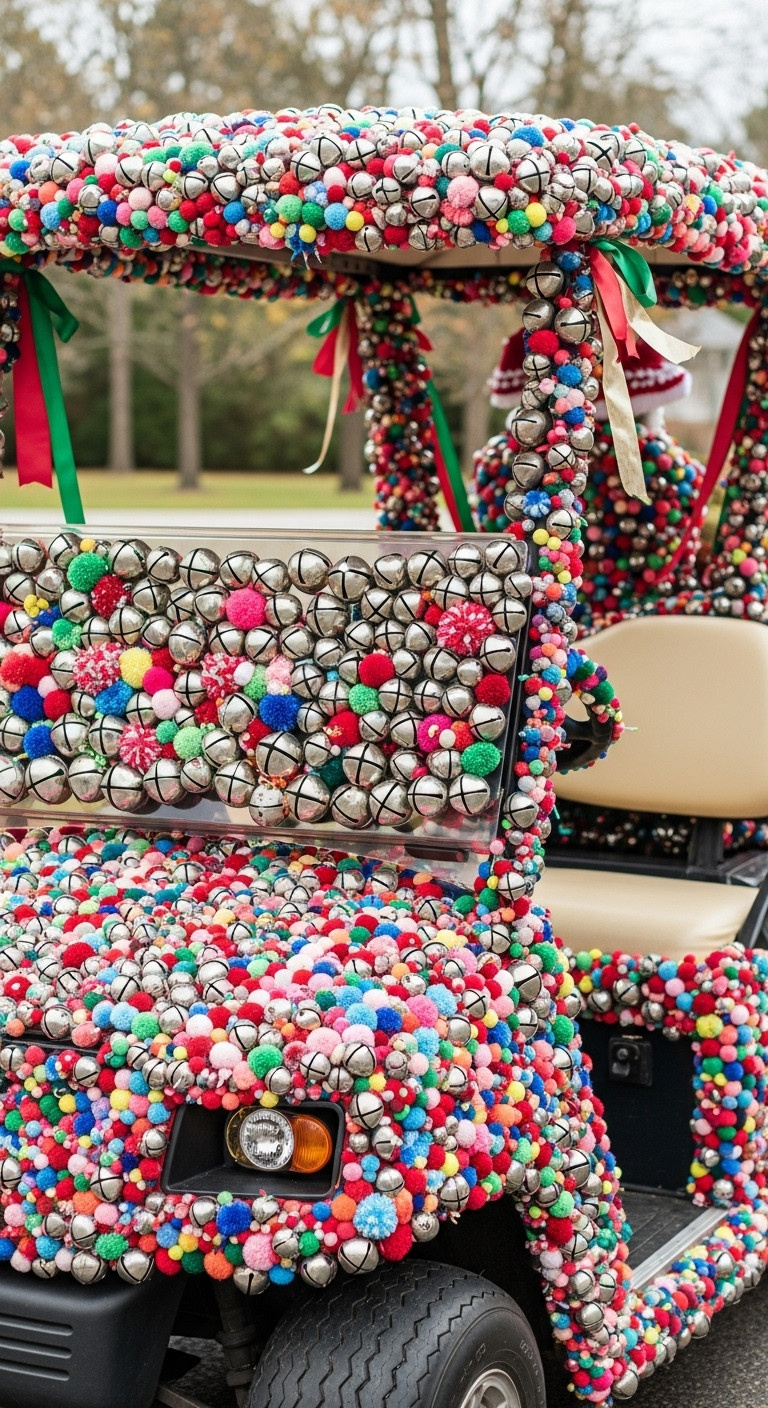All The Jingle Ladies Pom Pom Party Ugly Christmas Sweater Golf Cart Decor Colorful Jingle Bells Festive Textured Golf Cart