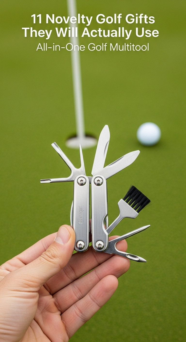 All-In-One Golf Multitool In A Golfer'S Hand Over A Pristine Putting Green With A Golf Ball And Cup
