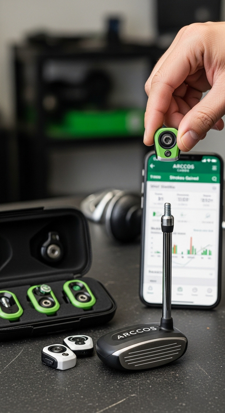 Arccos Smart Sensor Kit With One Sensor Being Screwed Into A Golf Club Grip And A Smartphone Displaying Data