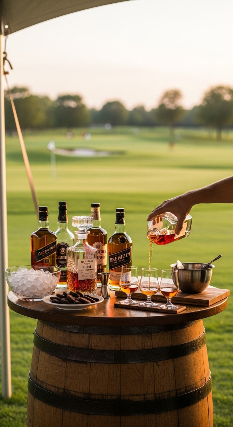 Bartender Pouring Whiskey Sample For Golfer At A Rustic Bar On A Golf Tee Box At Golden Hour