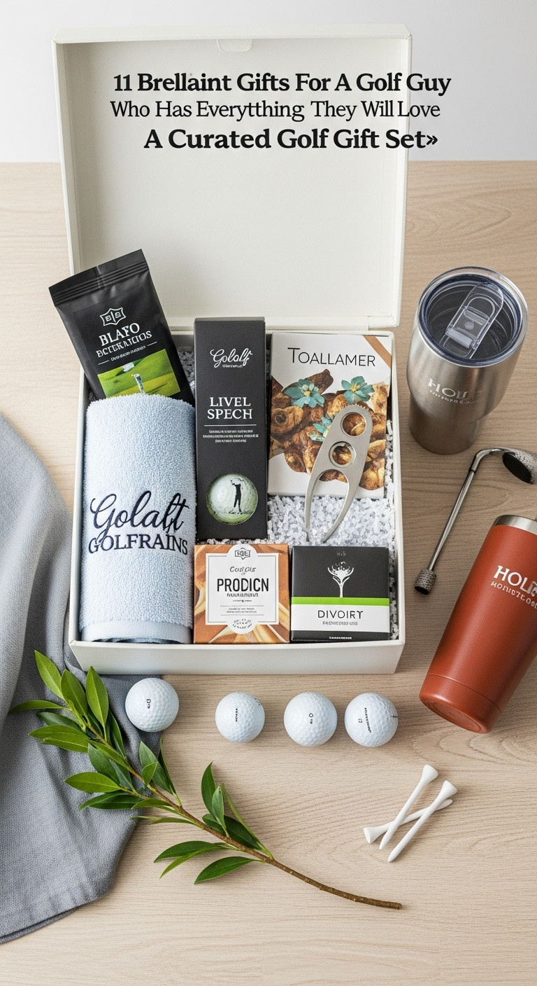 Beautifully Arranged Open-Top Golf Gift Basket With Personalized Towel, Golf Balls, Divot Tool, Tumbler, And Gourmet Snacks
