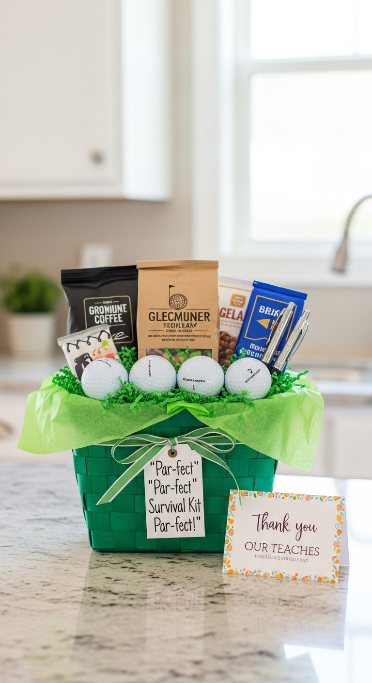 Beautifully Assembled Golf Themed Gift Basket With Golf Balls Gourmet Coffee Chocolate Bar And Pens On Green Crinkle Paper
