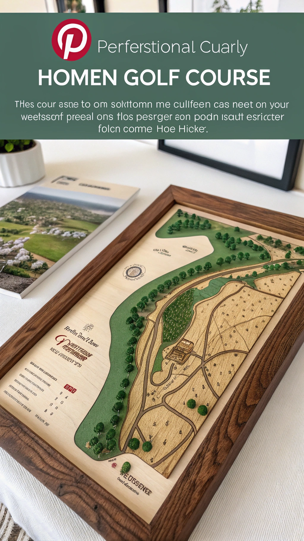 Beautifully Crafted Multi Layered Wooden Map Of A Famous Golf Course Hanging On A Dark Grey Office Wall