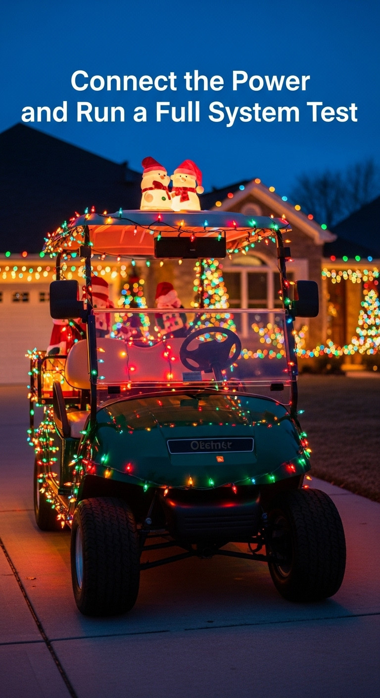 Beautifully Decorated Golf Cart At Twilight Fully Illuminated With Vibrant Multi Colored Christmas Lights In A Driveway