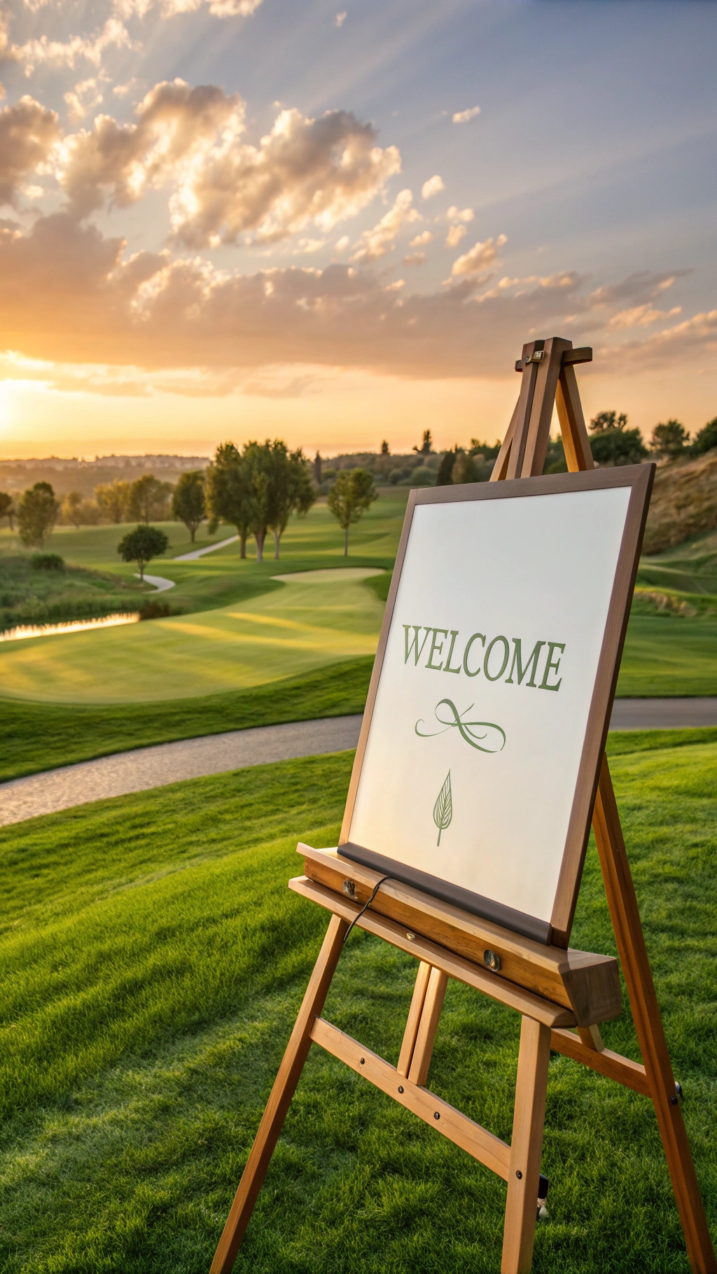 Beautifully Designed Memorial Golf Tournament Welcome Sign On A Wooden Easel Near The First Tee Of A Lush Golf Course At Sunrise