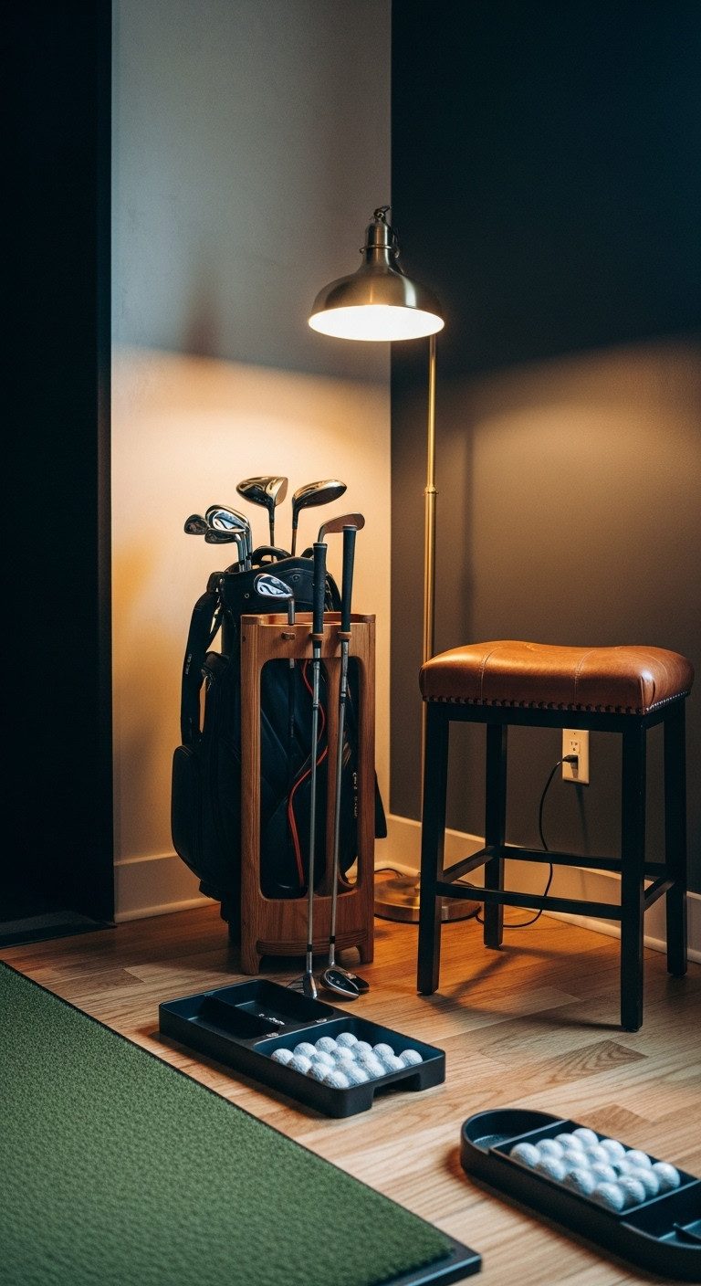 Beautifully Organized Corner Of A Golf Simulator Room Showcasing Essential Accessories Like A Club Rack And Ball Tray