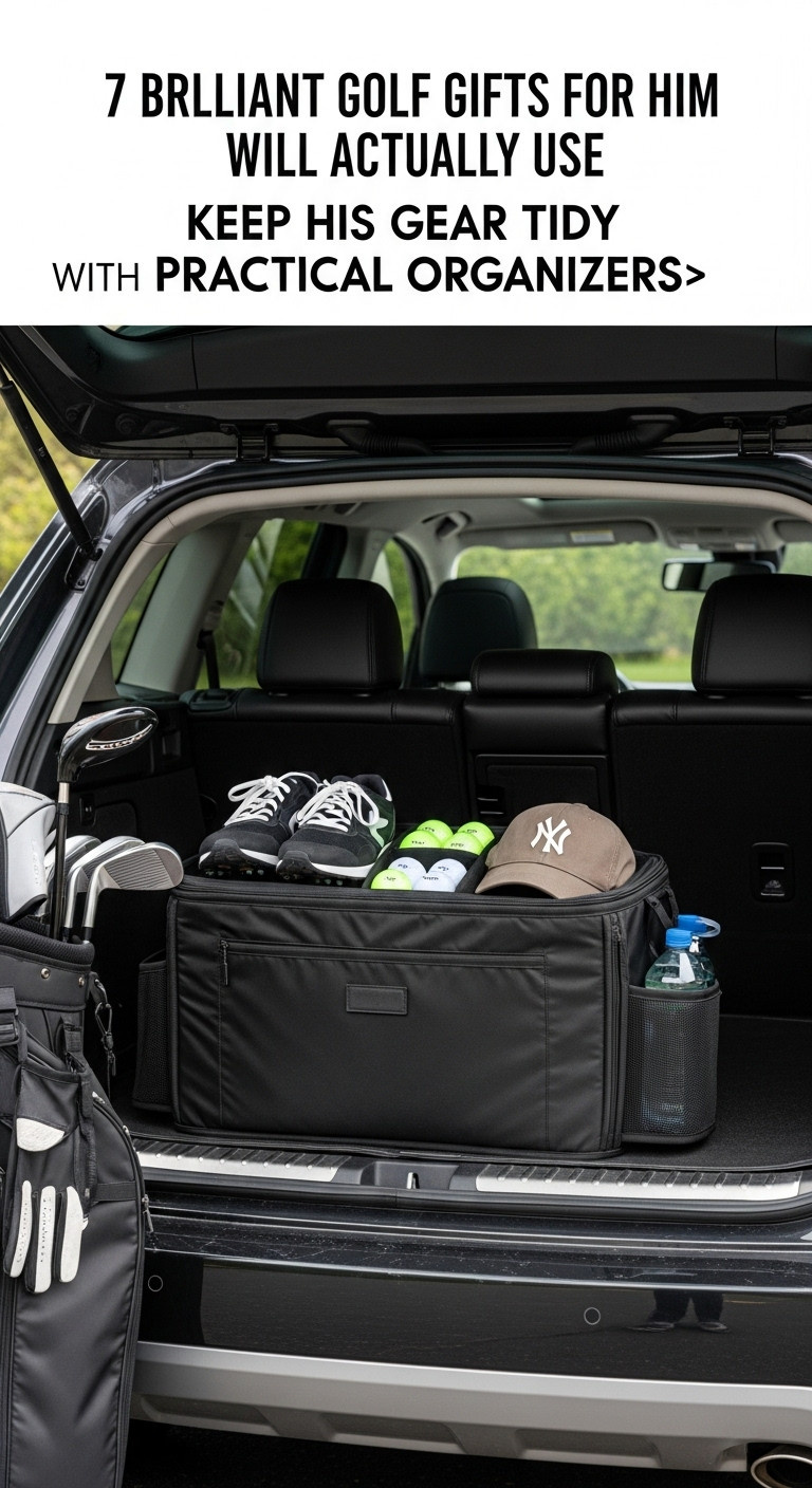 Black Golf Trunk Organizer In A Car Trunk With Shoes Balls Glove And Hat