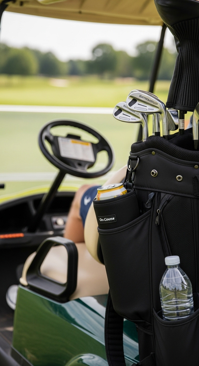 Premium Dark Grey Monogrammed Golf Towel With White Embroidery Hanging From A Golf Bag In A Blurred Pro Shop