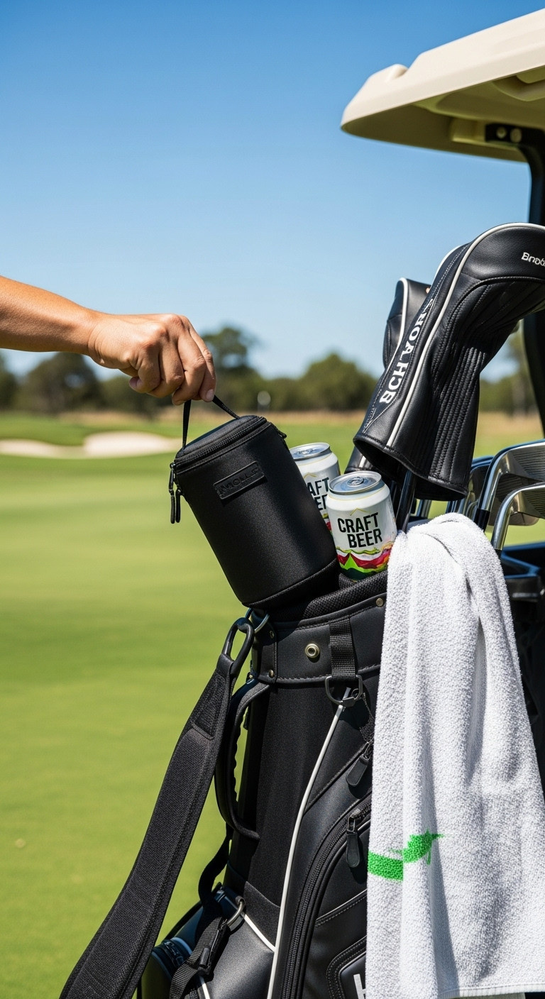 Black Insulated Cooler Sleeve With Craft Beer Cans Sliding Into A Golf Bag Pocket