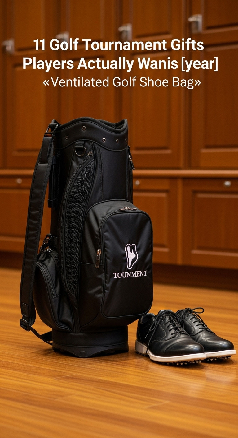 Black Nylon Golf Shoe Bag With Tournament Logo And Golf Shoes On A Locker Room Floor