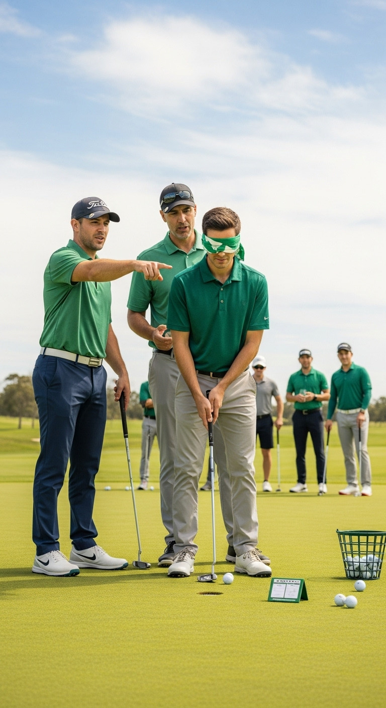 Blindfolded Golfer Being Guided By Teammate On A Putting Green For A Fun Challenge