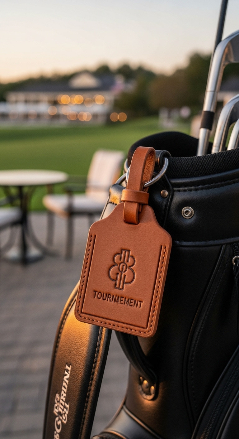 Brown Leather Golf Bag Tag With Debossed Tournament Logo On A Golf Bag