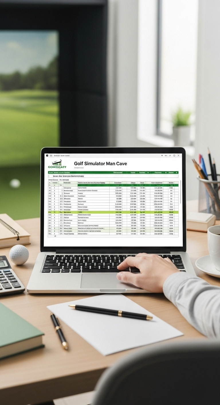 Create Your Perfect Golf Simulator Man Cave Expert Design Build Budget Spreadsheet For Golf Simulator Project On Laptop, Detailing Costs For Launch Monitor, Screen, And Room Renovation.