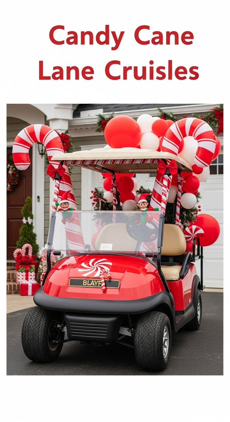 Candy Cane Lane Cruiser Golf Cart Decorated With Inflatable Candy Canes Red And White Stripes And Elf Figurines For Christmas