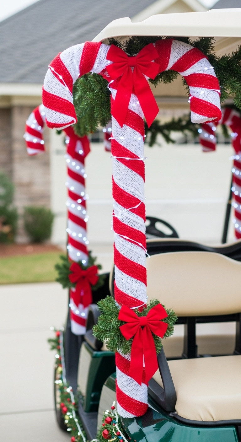 13 Candy Land Christmas Golf Cart Parade Ideas Candy Land Christmas Golf Cart Candy Cane Forest Support Pillars With Red White Stripes And White Led Lights