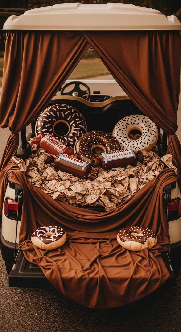 13 Candy Land Christmas Golf Cart Parade Ideas Candy Land Christmas Golf Cart Chocolate Swamp Cargo Bed With Crumpled Brown Paper Inflatable Donuts And Candy Bars