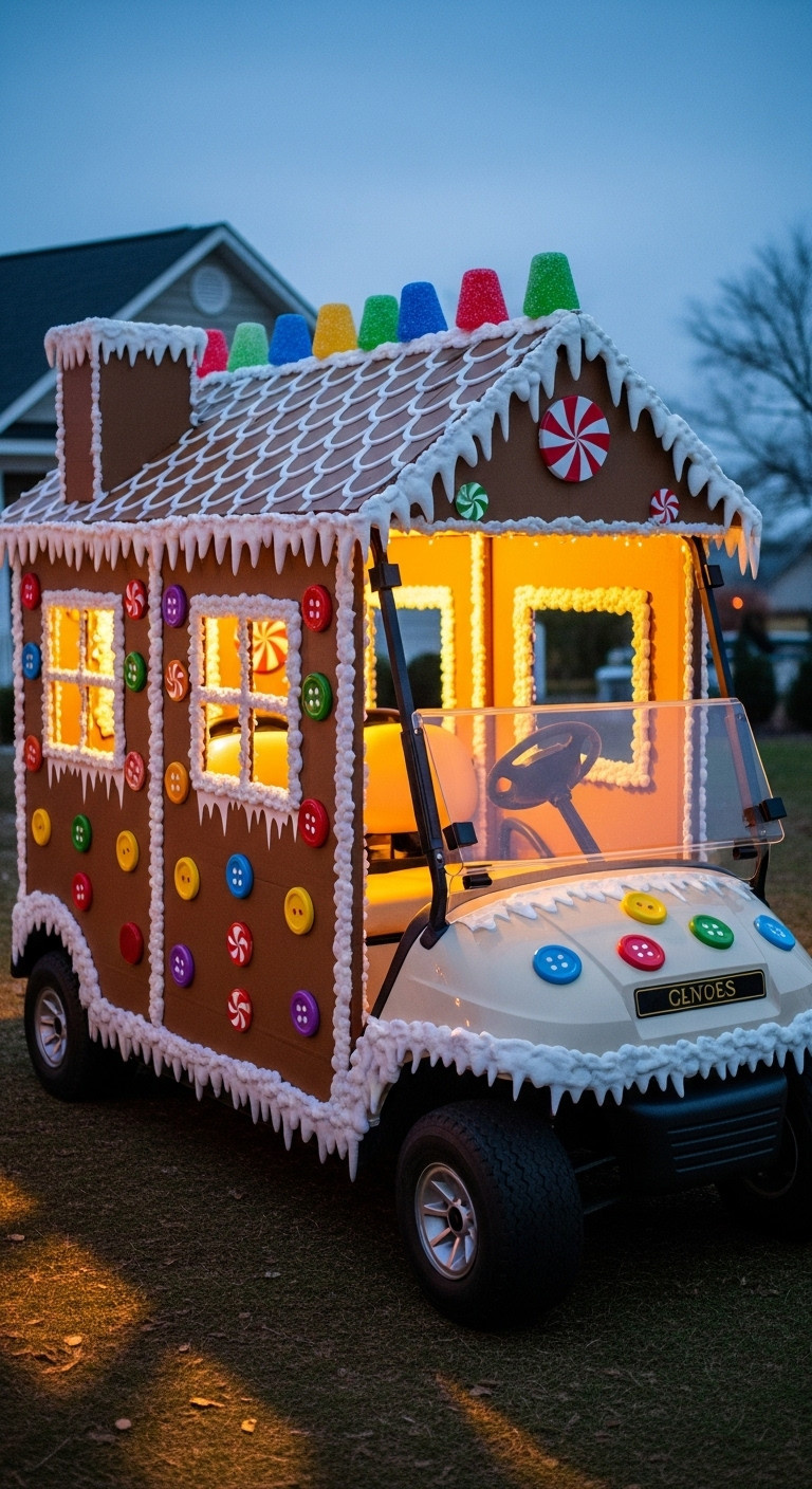 13 Candy Land Christmas Golf Cart Parade Ideas Candy Land Christmas Golf Cart Cozy Gingerbread House Cabin With Icing Candy Buttons And Warm Lights In A Festive Yard