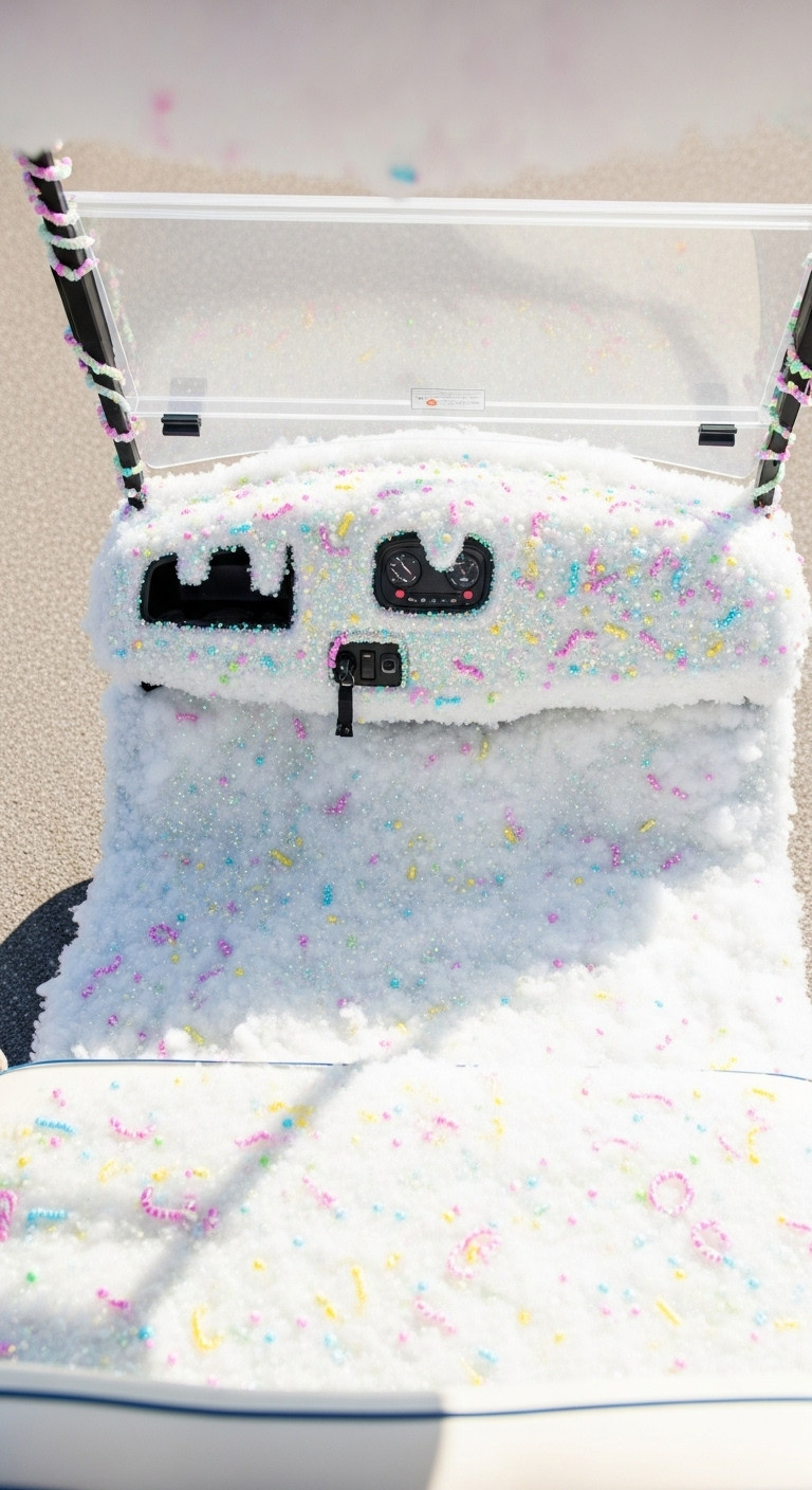 13 Candy Land Christmas Golf Cart Parade Ideas Candy Land Christmas Golf Cart Ice Cream Sea Floor And Dash With Fluffy White Batting Glitter And Colorful Sprinkles