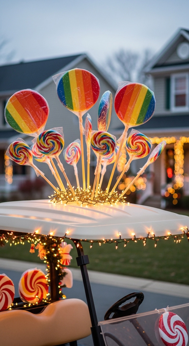 13 Candy Land Christmas Golf Cart Parade Ideas Candy Land Christmas Golf Cart Lollipop Woods Roof Canopy With Giant Rainbow Lollipops And Fairy Lights At Dusk In A Neighborhood
