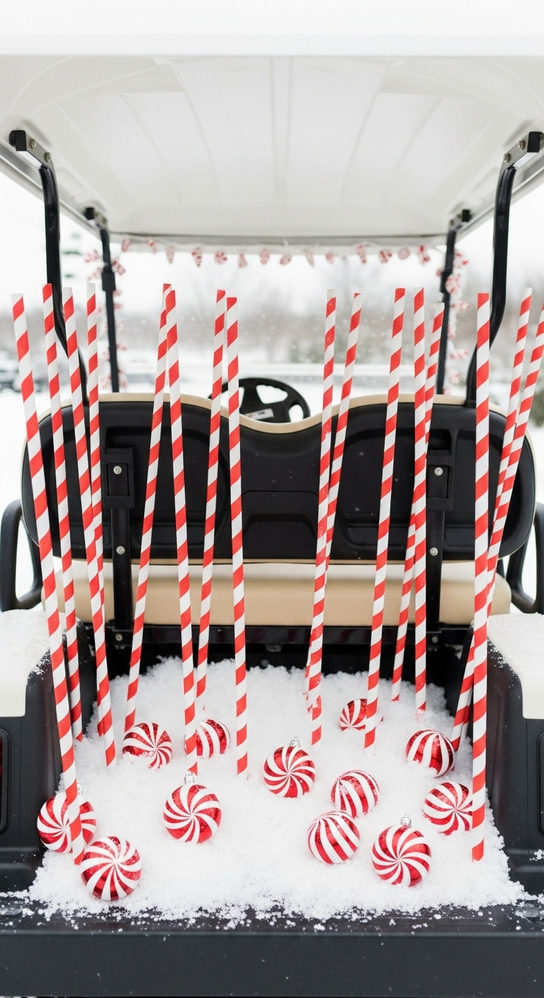 13 Candy Land Christmas Golf Cart Parade Ideas Candy Land Christmas Golf Cart Mr Mint'S Peppermint Stick Grove With Red White Striped Tubes Fake Snow And Ornaments